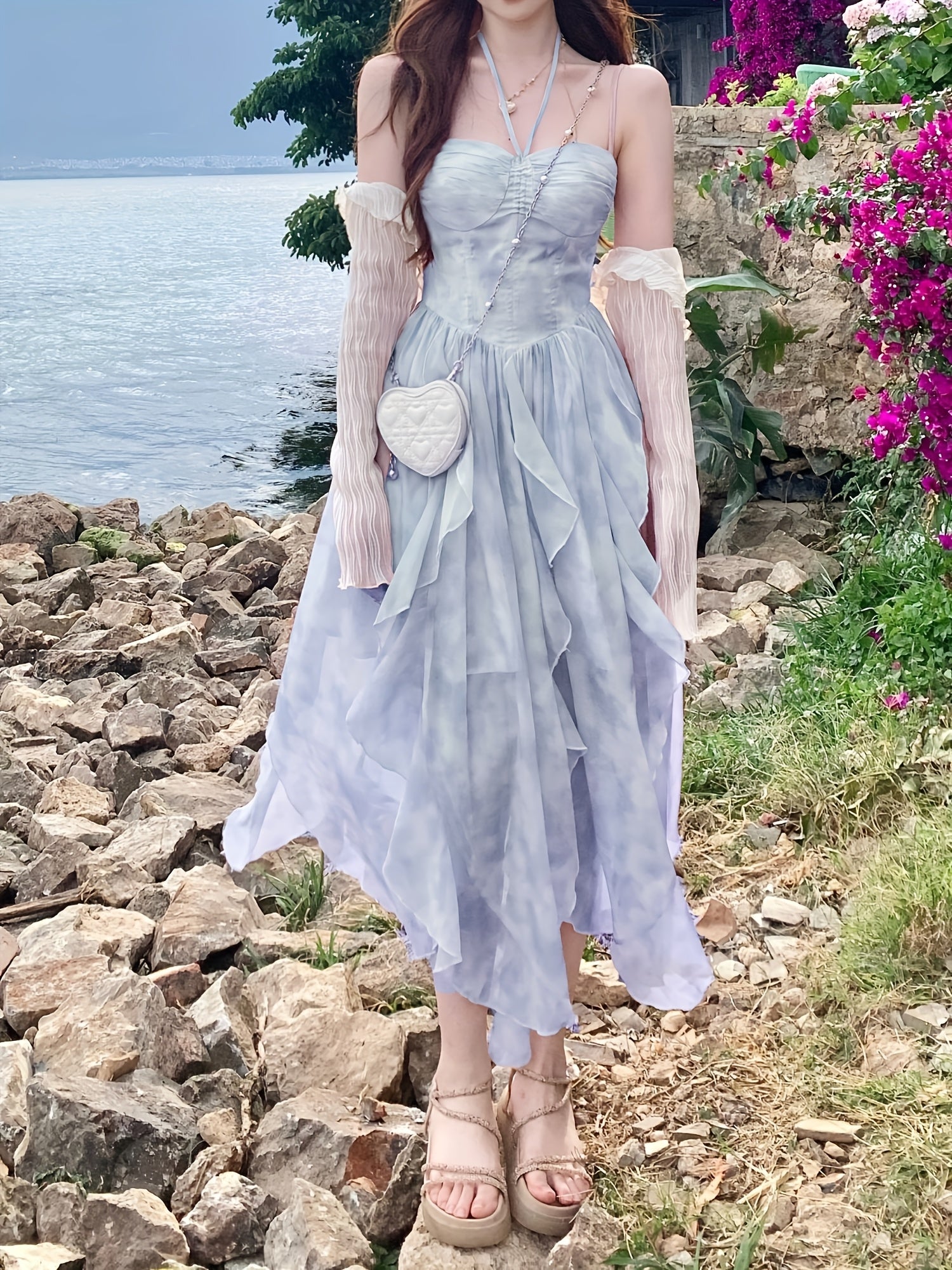 BXOXO [French Style] Cherry Blossom Pink Tie-Dye Suspender Dress - French Style, Gradient Dyeing, Floral Irregular Hem - Women's Summer Vacation Long Dress