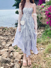 BXOXO [French Style] Cherry Blossom Pink Tie-Dye Suspender Dress - French Style, Gradient Dyeing, Floral Irregular Hem - Women's Summer Vacation Long Dress