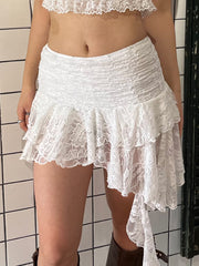 BXOXO - summer inspo Asymmetrical Hem Lining Boho Vacation Lace Skirt Women