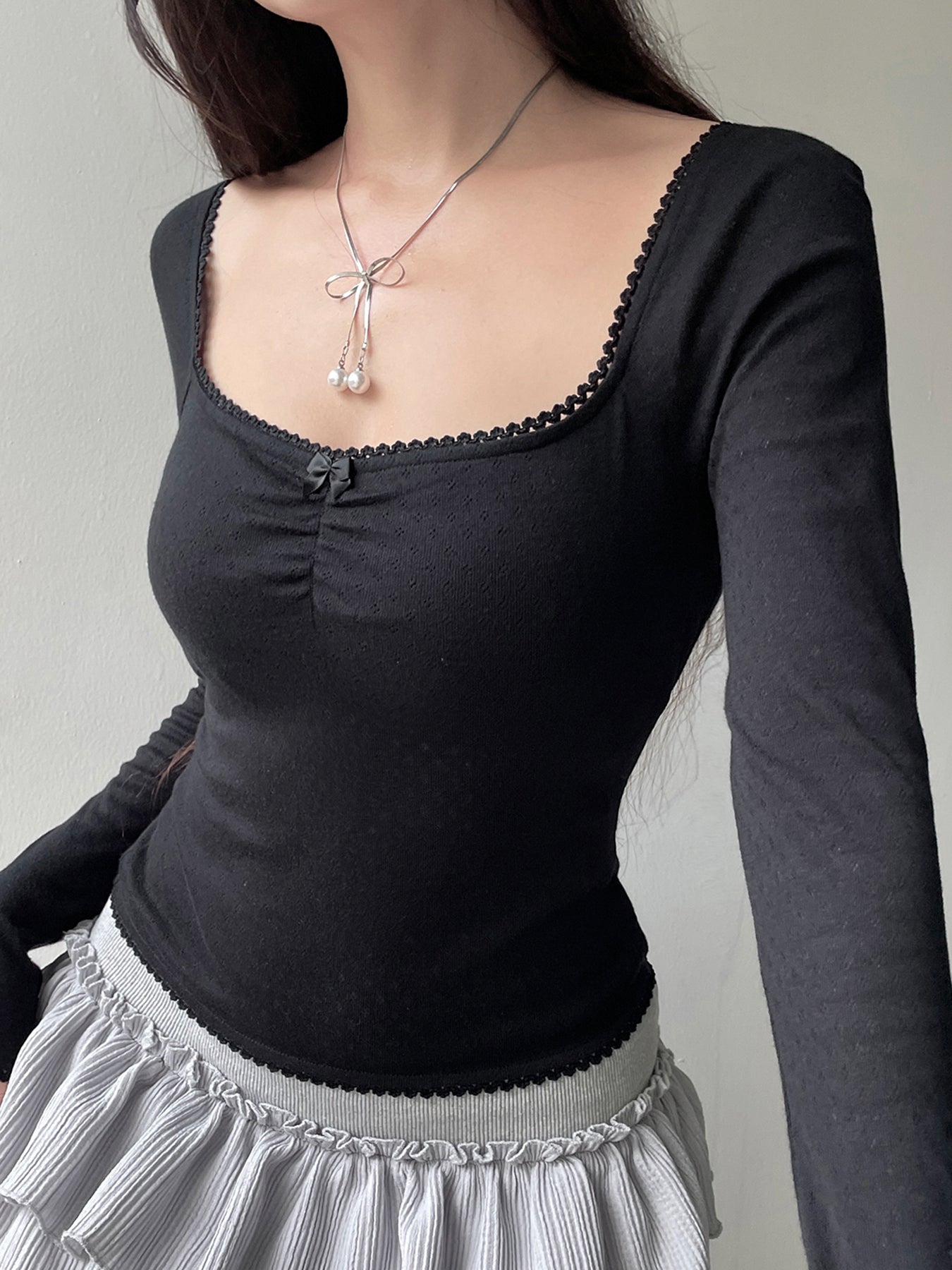 BXOXO - summer inspo Korean Fashion Shirring Bow Square Collar Slim Long Sleeve Black T Shirt Women White Solid Basic Cute Japanese Top Tee