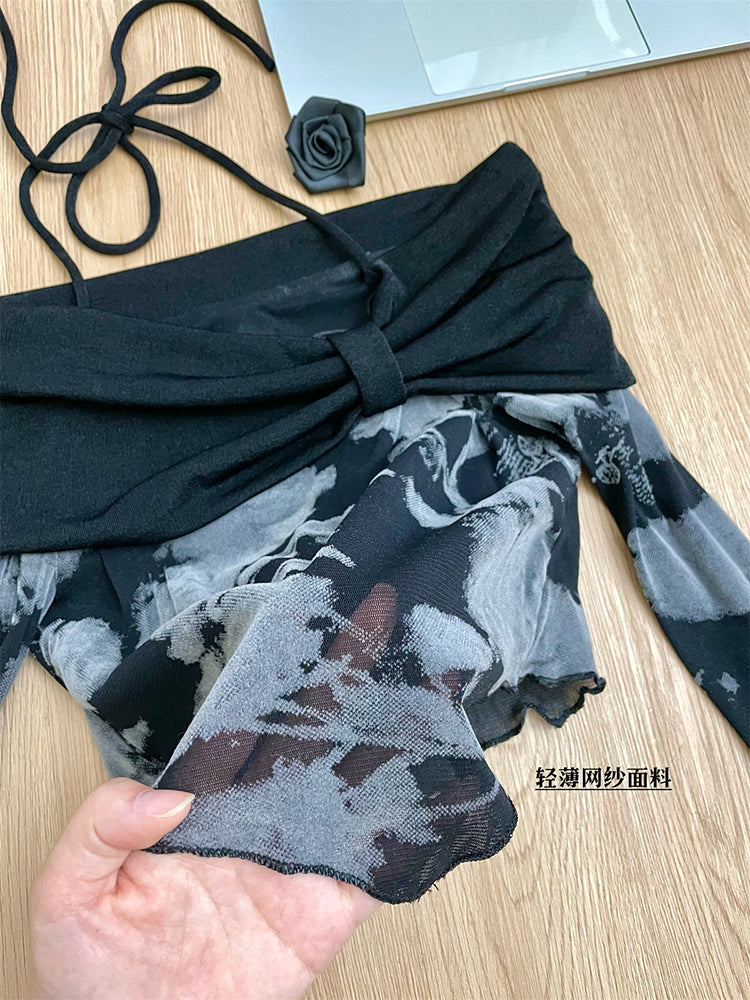 BXOXO - summer inspo Spring Two Piece Set Women Slash Neck Strap T-shirt Cute Skirt Suit Female Korean Slim Tops+Princess Cake Skirt 2025