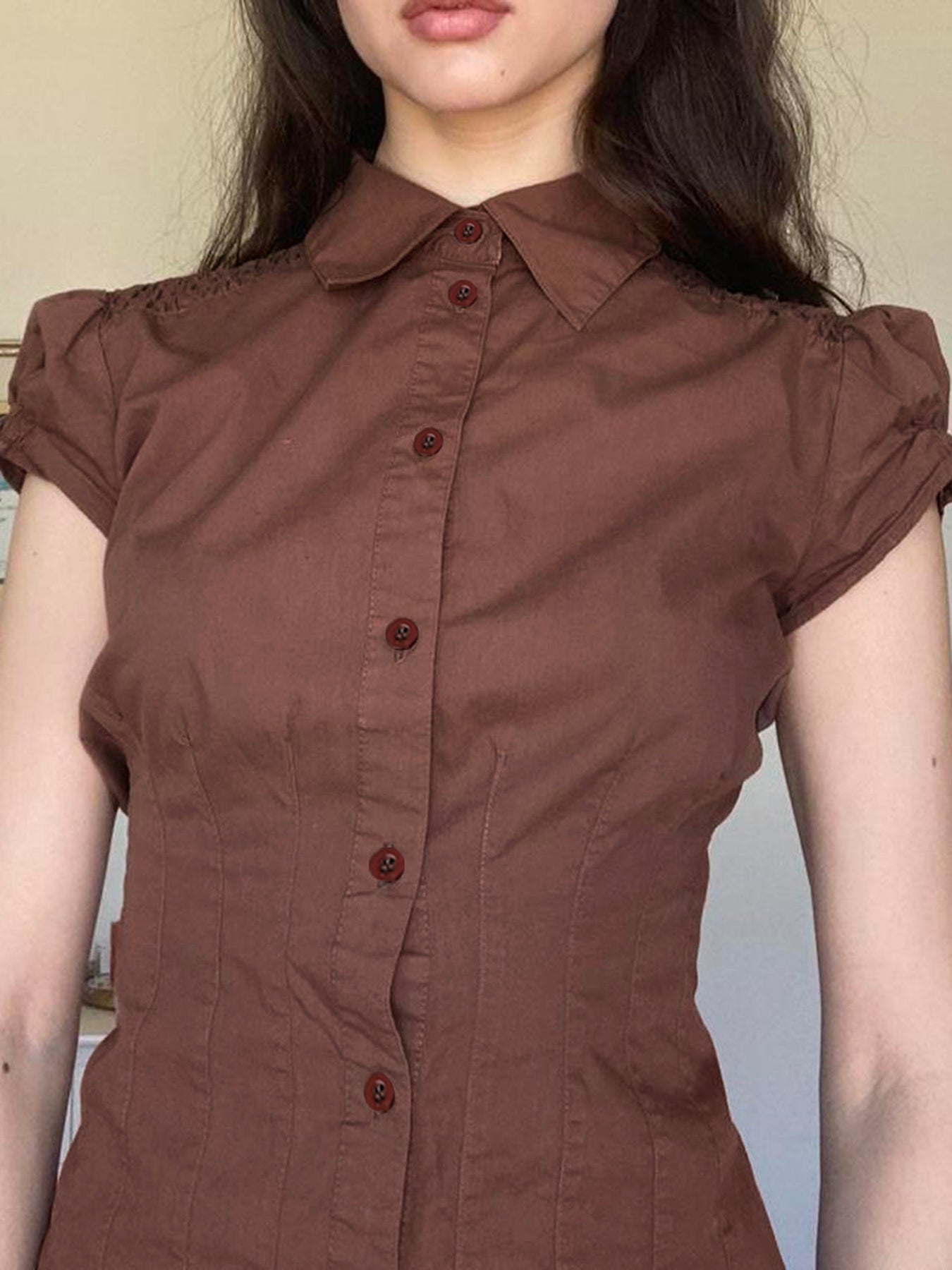 BXOXO - summer inspo American Retro Preppy Brown Shirts Women Button Up Turn Down Collar Puff Sleeve Shirring Pleated Hem Slim Casual Tops