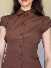 BXOXO - summer inspo American Retro Preppy Brown Shirts Women Button Up Turn Down Collar Puff Sleeve Shirring Pleated Hem Slim Casual Tops