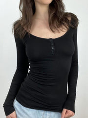 BXOXO - summer inspo Sweetown Back See Through Lace Patchwork Elegant Sexy Black T Shirt Women Button Up O Neck Slim Long Sleeve Solid Basic Tees