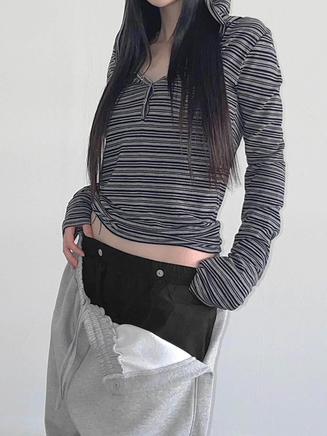BXOXO - summer inspo Casual Striped Breasted Long Sleeve Hooded T-Shirts Women Design Slim Fit Simple Fashion Blouses