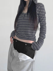 BXOXO - summer inspo Casual Striped Breasted Long Sleeve Hooded T-Shirts Women Design Slim Fit Simple Fashion Blouses