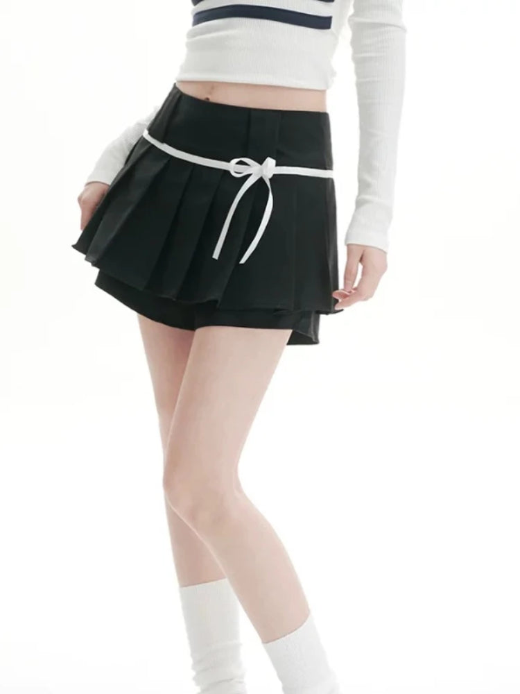 BXOXO Sweet Y2k Bow Pleated Skirts Women Coquette Brown Skirt Shorts Kawaii Vintage A-line Solid Mini Skirts Aesthetics Sexy