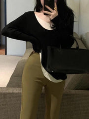 V Neck Fake Two Piece Splice Long Sleeve Knit