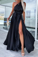 BXOXO - Different Elegant Effects Satin Free Tie Neck Slit Maxi Dress