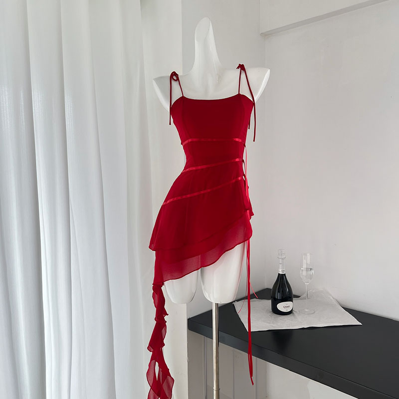 BXOXO - summer inspo French Temperament Slim Fit Irregular Dress Women Summer Fashion Backless Ruffled Suspender Dresses Elegant Party