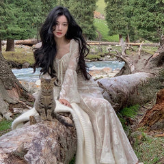 BXOXO party look inspos French Vintage Wedding Party Midi Dresses for Women 2025 Autumn Winter Elegant Slim Flare Sleeve Mermaid Lace Female Clothing