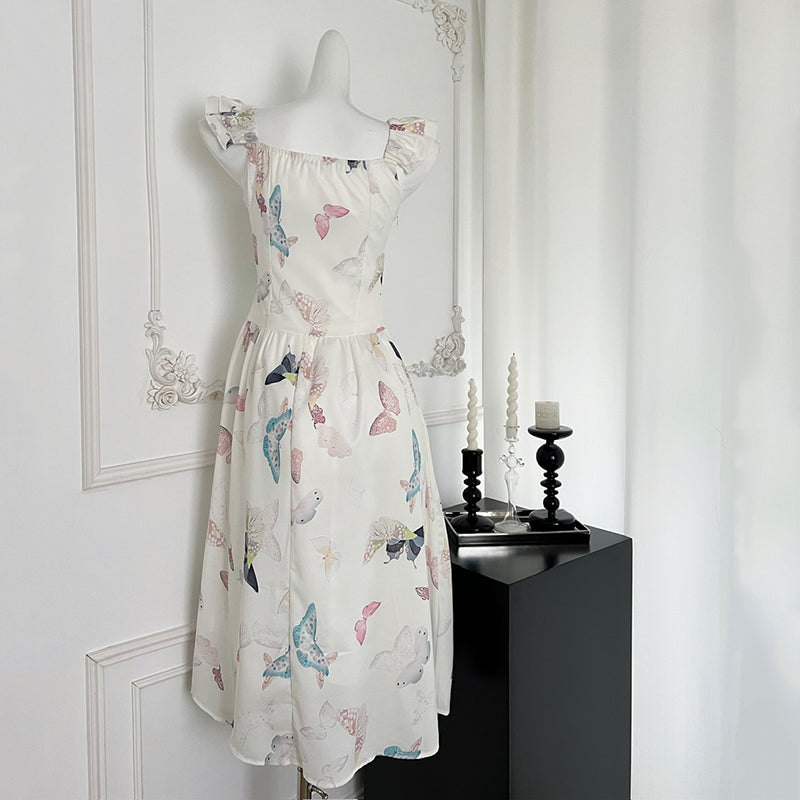 BXOXO - summer inspo French Style Temperament Sling Dress Women Summer New Fashion Butterfly Print Long Dress Sleeveless Elegant Slim Dresses