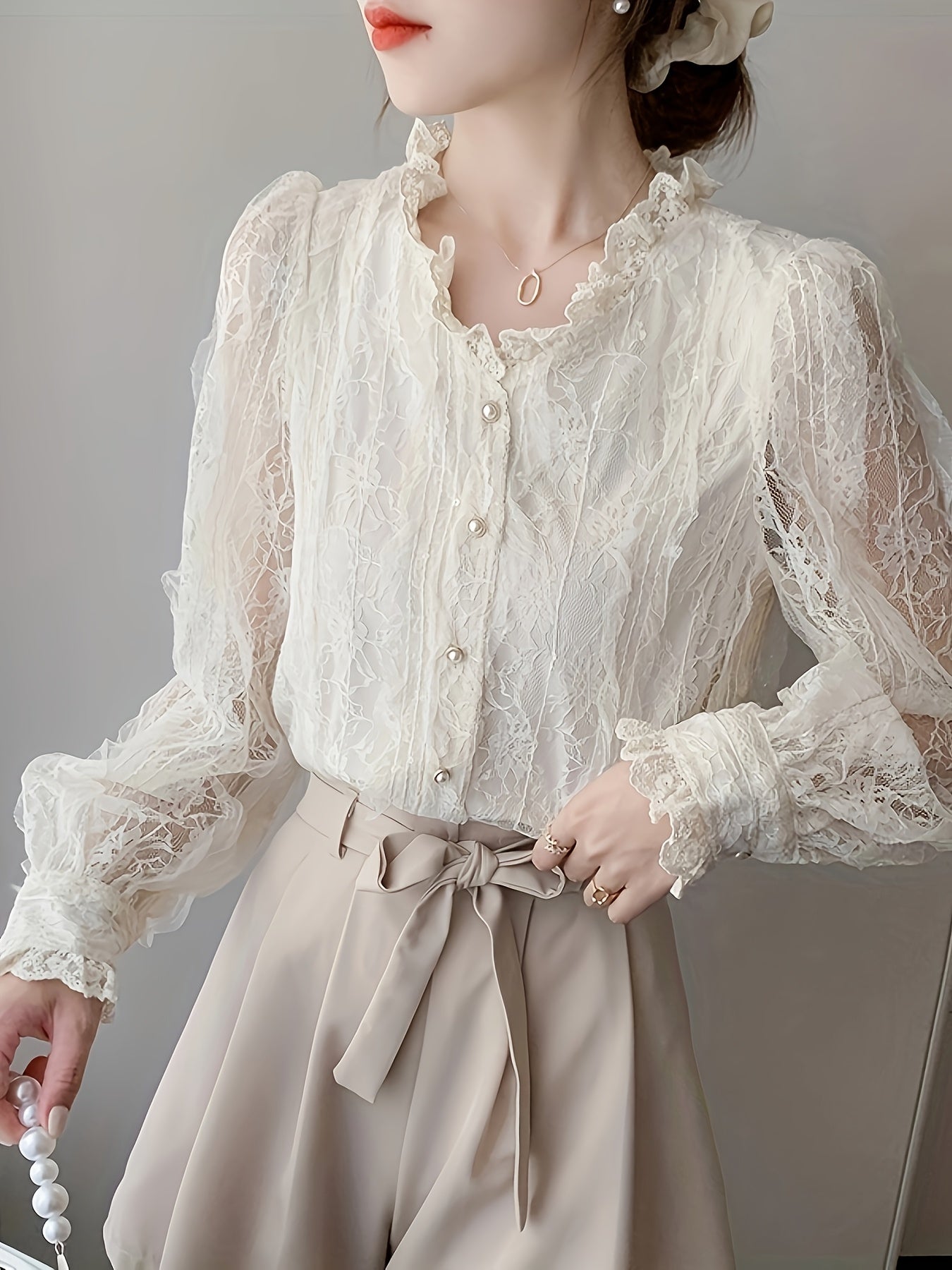 BXOXO Long Sleeve Elegant Lace Cardigan - Floral Patterns, Ruffle Detail, Machine Washable V-Neck - Ideal for Spring & Autumn Fashion