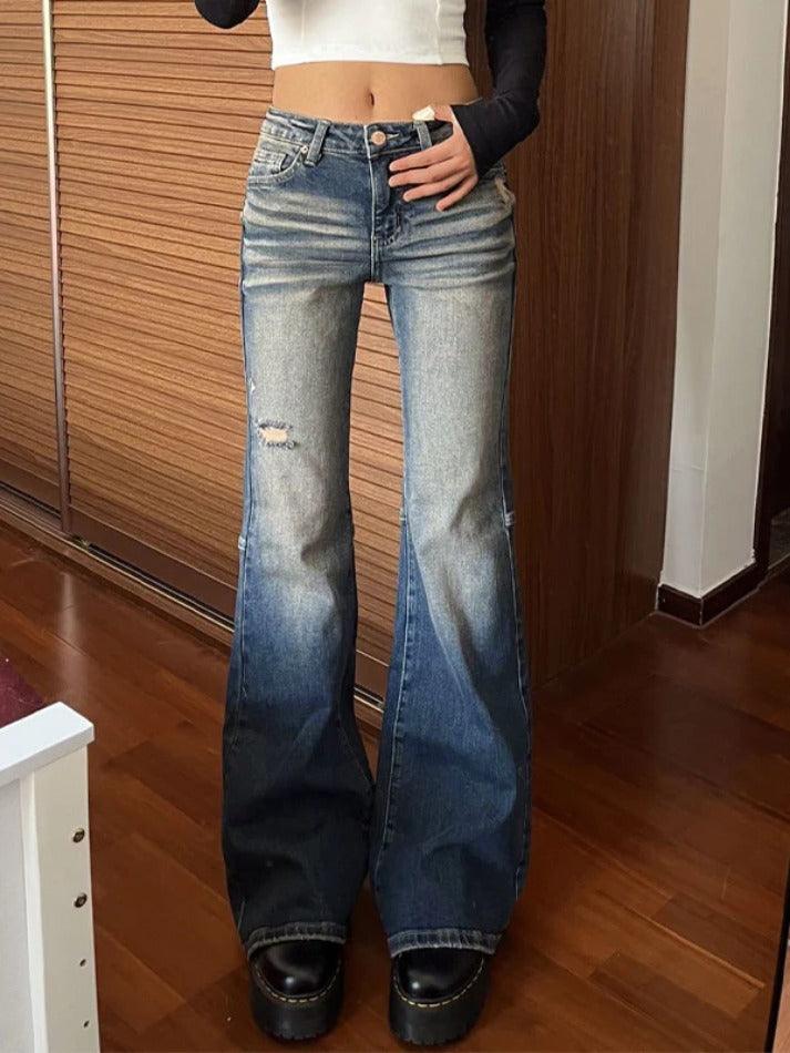 Washed Distressed Frayed Flare Jeans