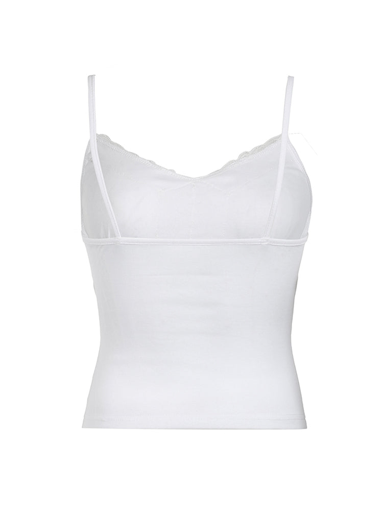 BXOXO - summer inspo Sweetown Black Solid Lace Patchwork Slim V Neck Basic Cute Camisole Women White Y2K Crop Top