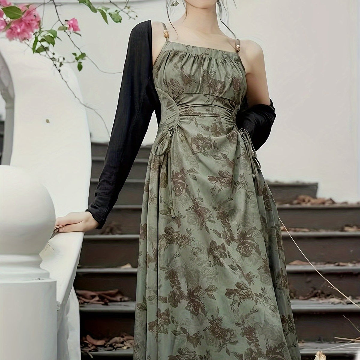BXOXO Long Sleeve Chic Floral Print Cami Dress Set with Open Front Crop Cardigan & Square Neck Sleeveless A-line Drawstring Ruched Outfits for Women