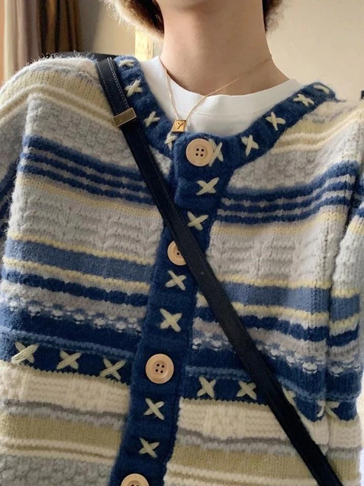 Stripe Splice Crochet Detail Knit Cardigan