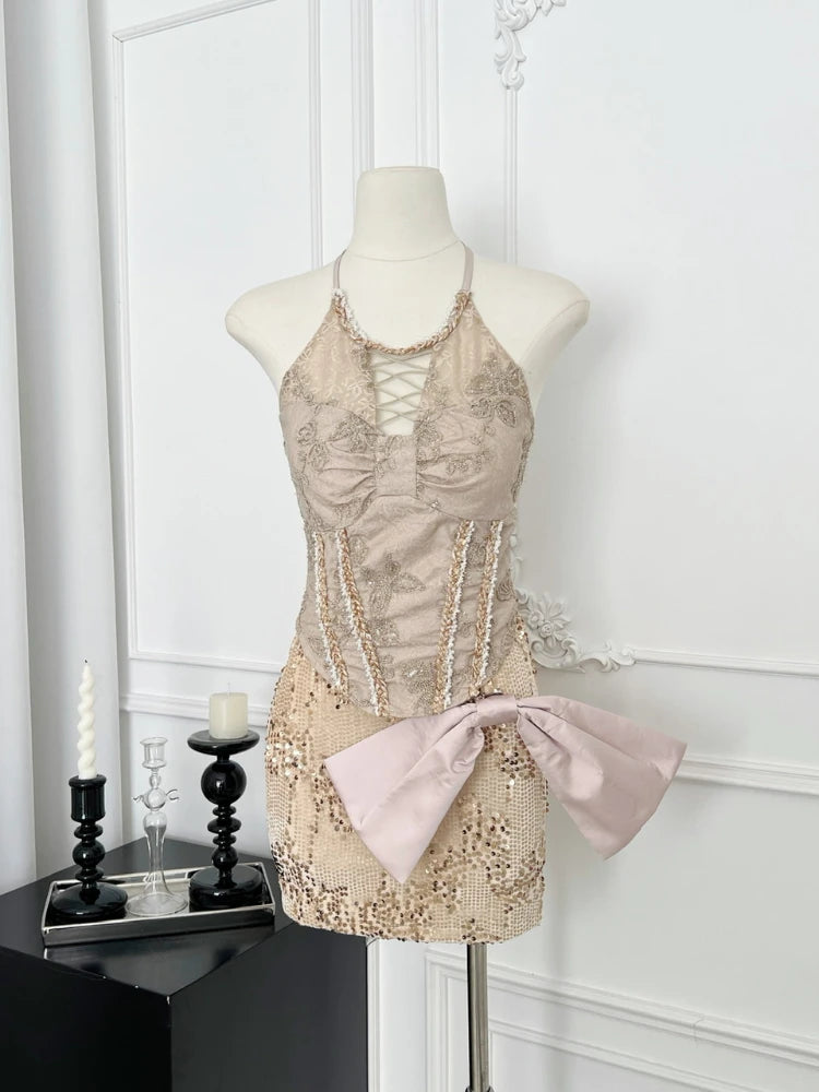 BXOXO Summer French Sexy Seductive Hot Girl 2 Piece Set Women Lace Slim Halter Top+Sequins Mini Bag Hip Skirts Nightclub Fashion Suit