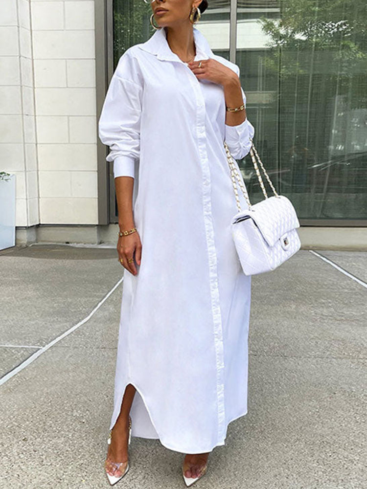 Solid Button Split Shirt Dress