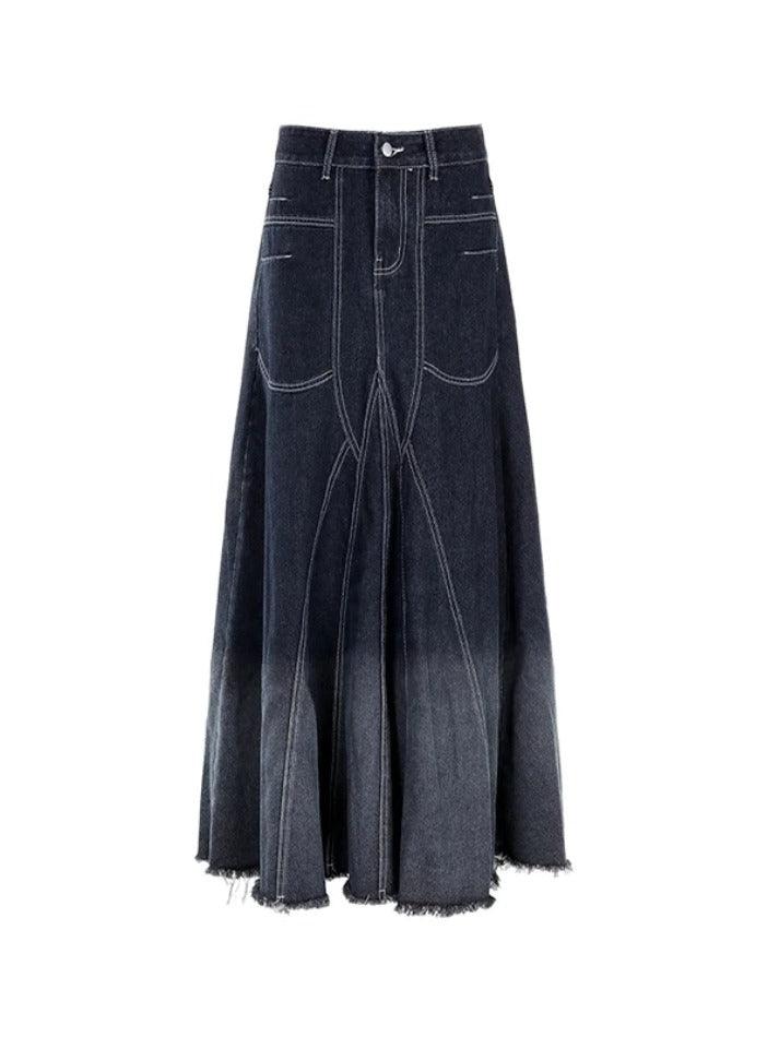 Vintage Ombre Splice Raw Hem Mermaid Denim Maxi Skirt