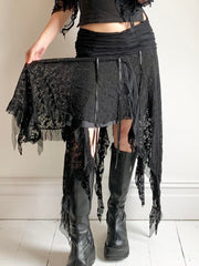 BXOXO - summer inspo Black Solid Goth Lace Midi Skirts Womens Asymmetrical Hem Chic Fashion Vacation Boho Outfits