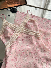 BXOXO Spring Gentle Elegant Slim Evening Dress Women V-Neck Lace Splicing Print Slip Long Dress Female Casual Chic Streetwear Clothing