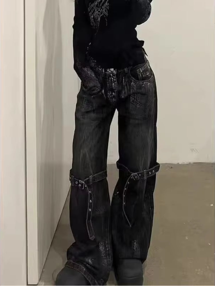 BXOXO Y2K Gothic Women Jeans Grunge Hip Hop Harajuku Black Denim Trousers Female Vintage Streetwear Punk High Waist Denim Pant