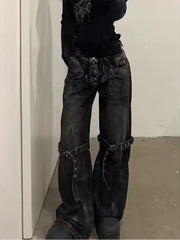 BXOXO Y2K Gothic Women Jeans Grunge Hip Hop Harajuku Black Denim Trousers Female Vintage Streetwear Punk High Waist Denim Pant