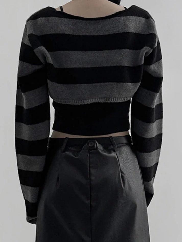 Vintage Striped Ultra Short V Neck Long Sleeve Knit