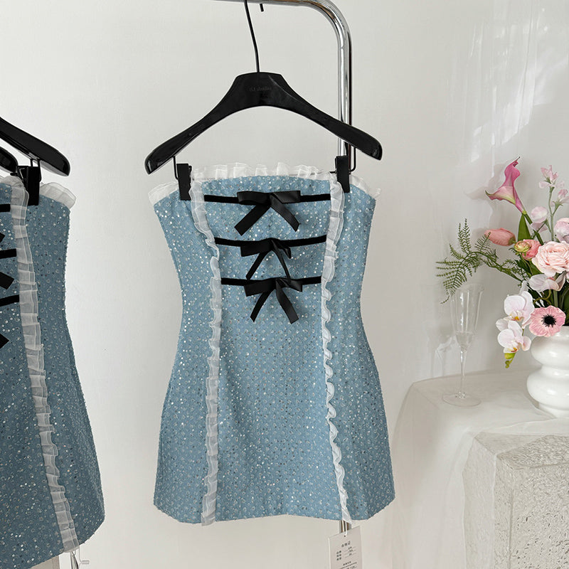 BXOXO - summer inspo Elegant Off Shoulder Dress Women Lace Bow Patchwork Vintage Mini Dresses Sexy Slim Backless Mini Dress Party Club