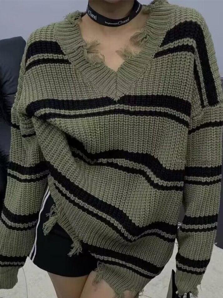 Striped V Neck Frayed Tassel Knit Sweater