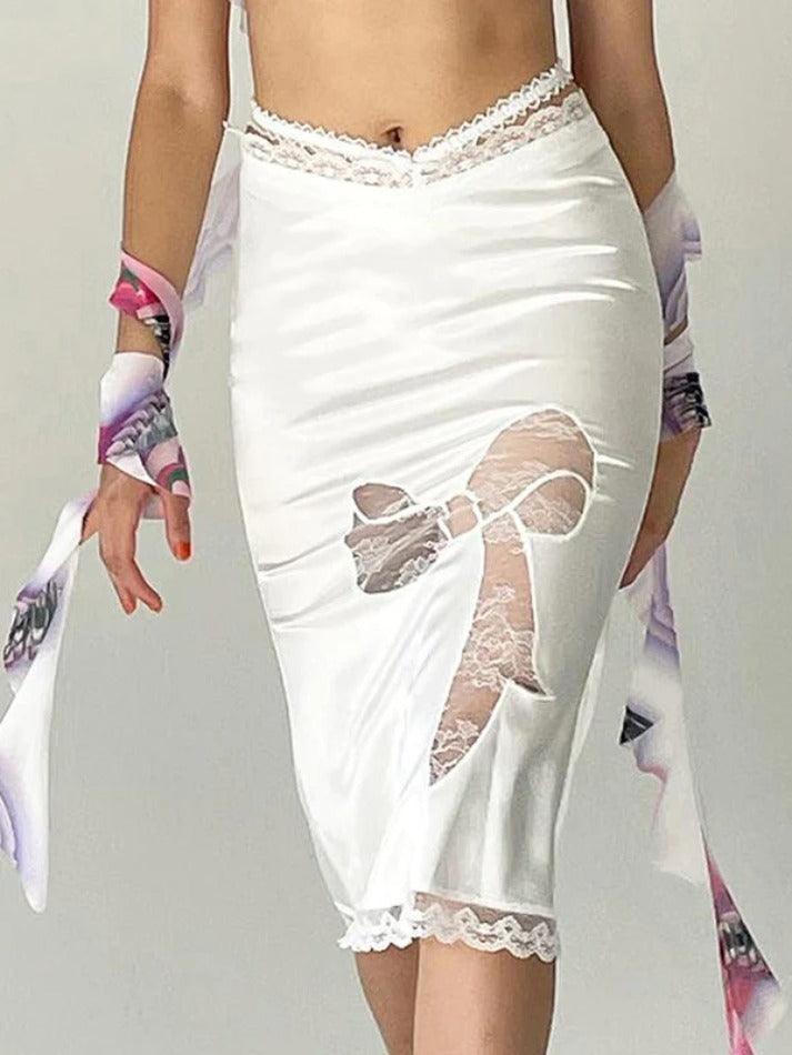 Lace Trim Splice Slim Midi Skirt