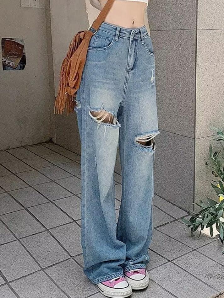 Vintage Wash Loose Ripped Jeans