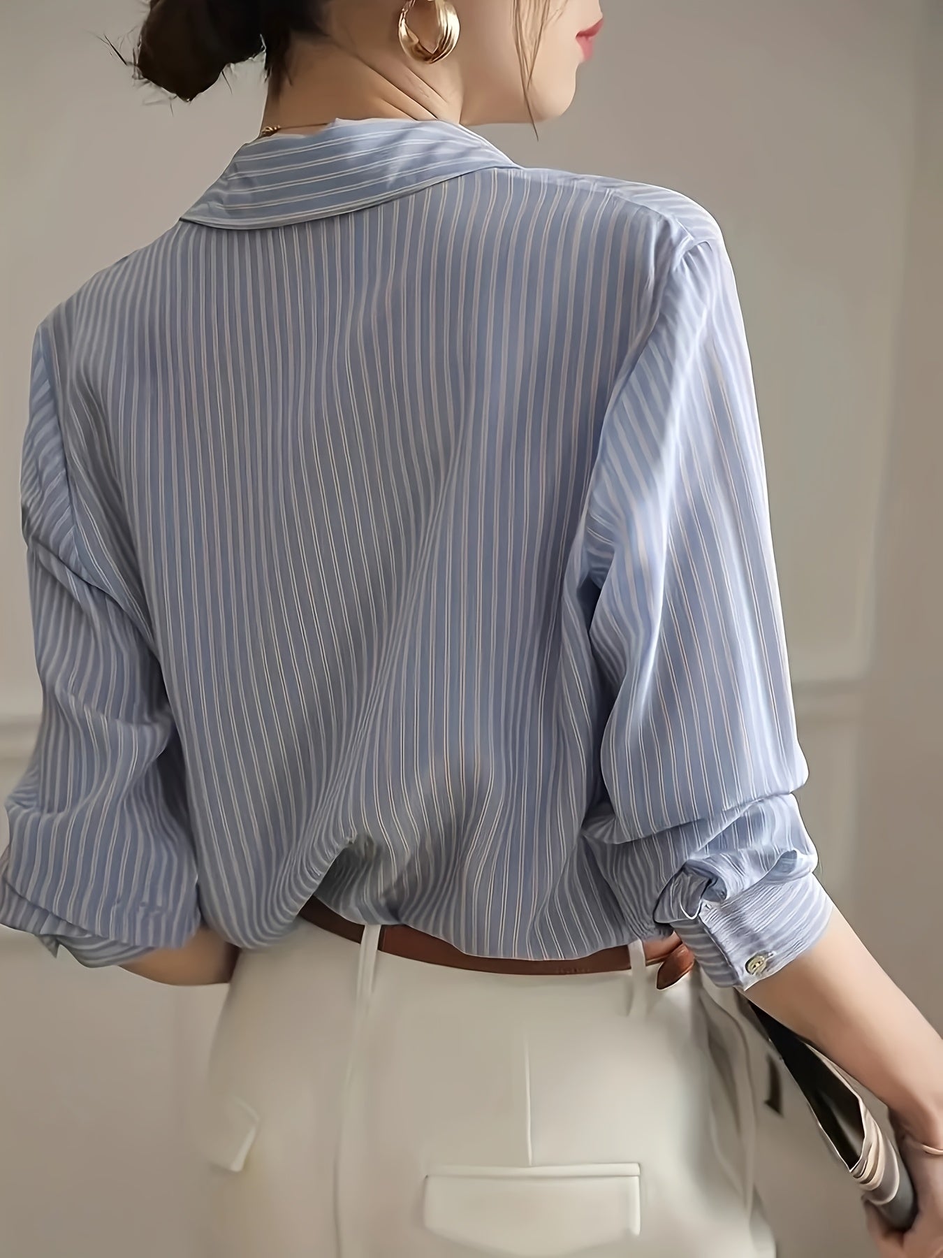 BXOXO Women'S Elegant Striped Polyester Shirt, Loose Fit, Long Sleeve, Regular Length, Button-Up Polo Collar, All Seasons, Woven Fabric, 120gsm - Blue Striped Blouse