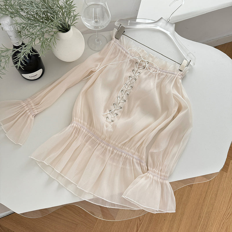 BXOXO - summer inspo Autumn Women Blouse Elegant Chic Shirts Solid Color Slash Neck Sexy Off Shoulder Long Sleeve Loose Blouses Fashionable Retro Top