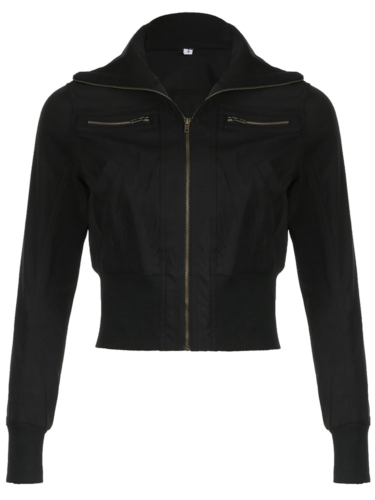 BXOXO - summer inspo Korean Street Style Black Zip Up Turtleneck Slim Long Sleeve Bomber Jackets For Women Autumn New Fashion Gothic Outwears