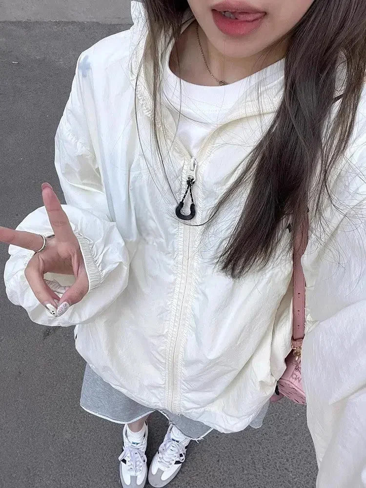 BXOXO Women's Windbreaker Beige Zipper Jackets 2024 Summer Casual Lightweight Transparent Hooded Jackets Loose Korean Fashion