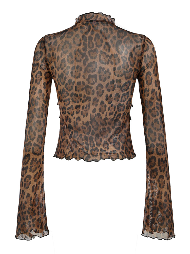BXOXO - summer inspo Leopard Print Lace-Up Blouse Shirts Women Semi-Sheer Mesh Elegant Fashion Sexy Flared Sleeve Ruffled Cardigan Tops
