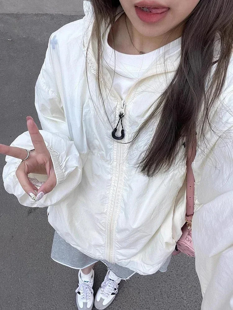 BXOXO Women's Windbreaker Beige Zipper Jackets 2024 Summer Casual Lightweight Transparent Hooded Jackets Loose Korean Fashion