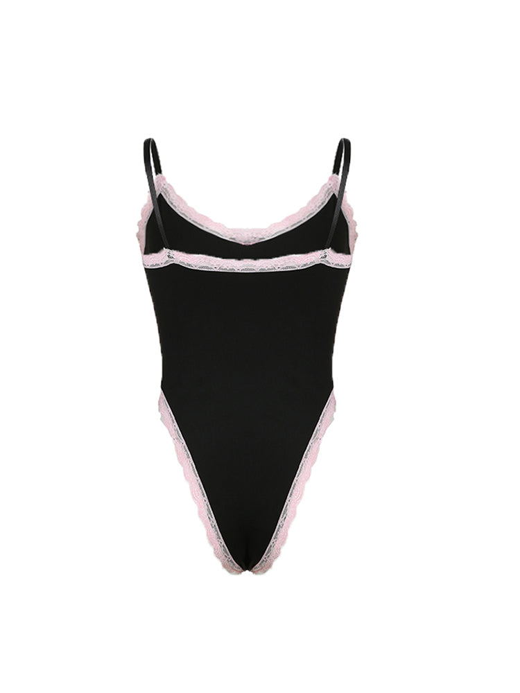 BXOXO - summer inspo Contrast Lace Trim Bow Sleeveless V Neck Skinny Sweet Sexy Black Bodysuit Women Cute Kawaii 2000s Clothes