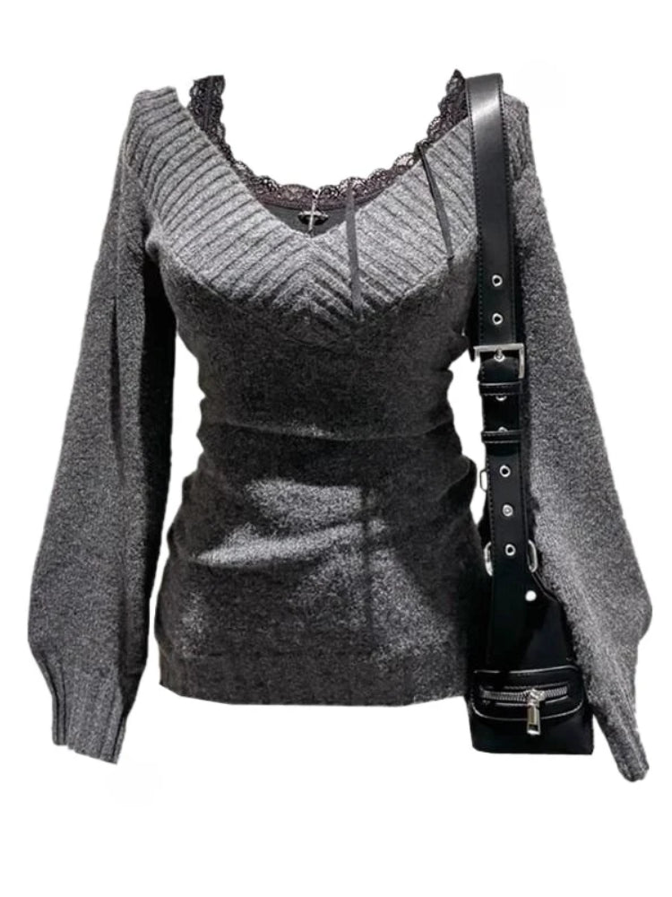 BXOXO Vintage V-neck Woman Sweater Sexy Coquette Gray Long Sleeve Knitwears Pullovers Preppy Style 2000s Aesthetic Sweaters