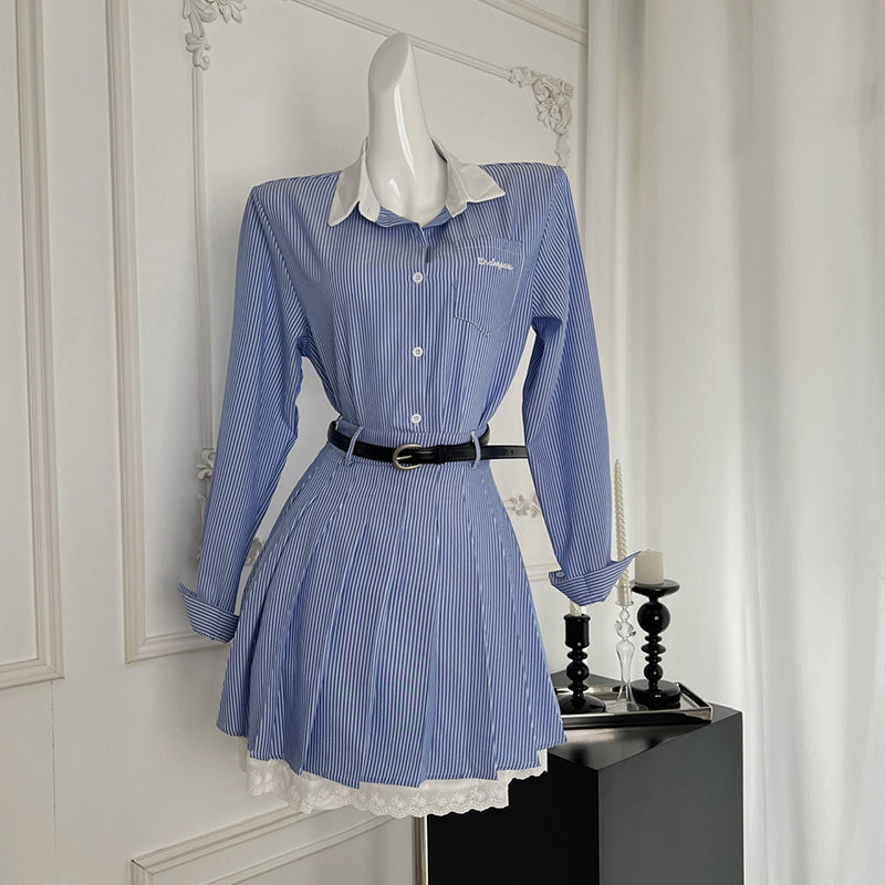 BXOXO - summer inspo Korean Style Fashion Women Two Piece Sets Turn-down Collar Long Sleeve Striped Shirt + Sweet A-Line Skirt Temperament Set