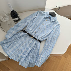 BXOXO - summer inspo Women Fashion Dress Autumn New Plaid High Waist Long Sleeves Vintage Shirt Dress Temperament Casual Dress