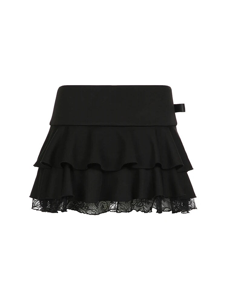BXOXO - summer inspo Goth Y2K Black Lace Trim Bow A Line Mini Skirt Women Korean Streetwear