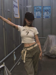 Bxoxo American Retro Streetwear Hip Hop Rock Punk Harajuku Y2K Women's Crop Tops Gothic Fashion Letter Print Slim O-Neck Short Sleeves