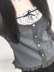 Square Neck Polka Dot Splice Fungus Long Sleeve Knit