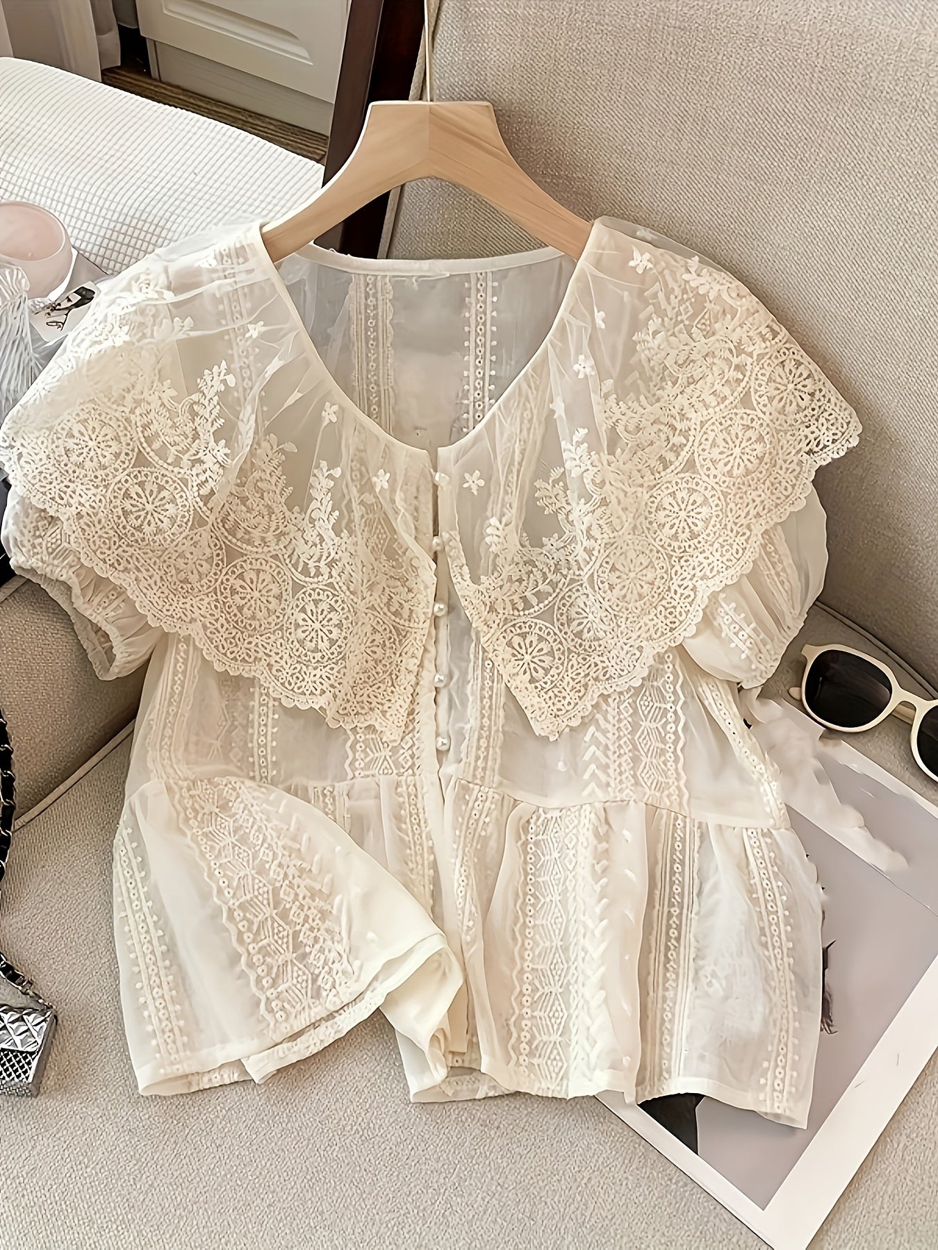 BXOXO 1pc Elegant V-Neck Lace Blouse for Women, 100% Polyester Sheer Ruffle Shirt with Button Details, All-Season Woven Solid Color Top