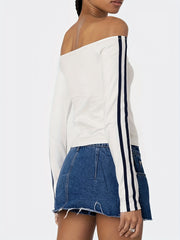 BXOXO Y2K Style Polyester Knit Crop Top - Women's Off-the-Shoulder Long Sleeve with Number Print - Solid Color T-Shirt for Spring/Summer/Fall