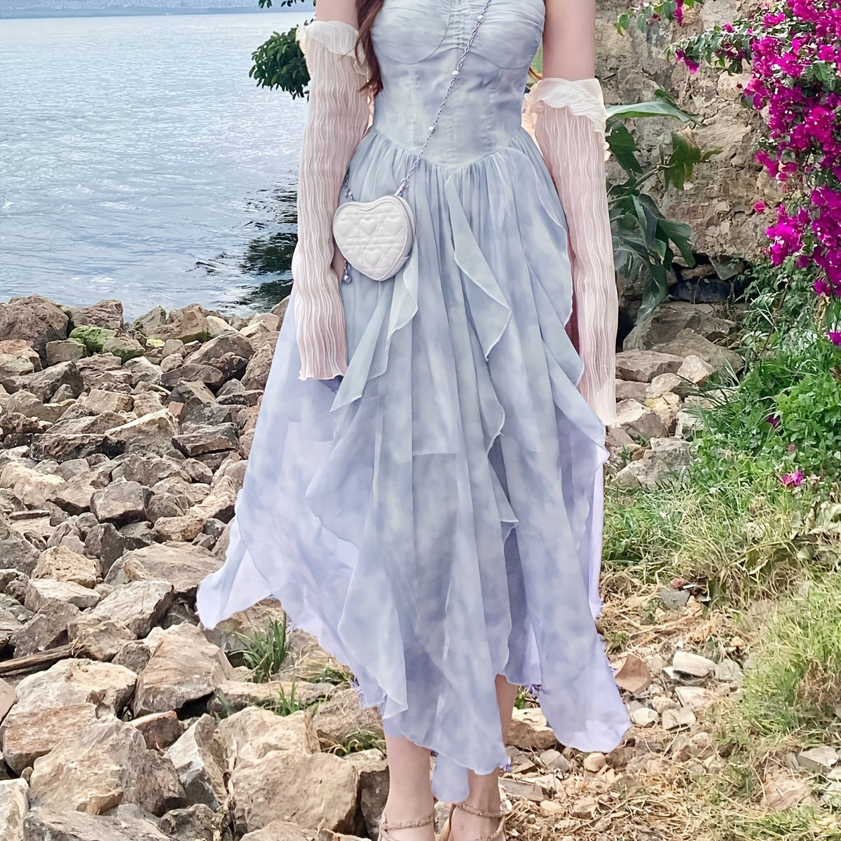 BXOXO [French Style] Cherry Blossom Pink Tie-Dye Suspender Dress - French Style, Gradient Dyeing, Floral Irregular Hem - Women's Summer Vacation Long Dress