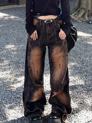 Vintage Distressed Zipper Buckle Splice Boyfriend Jeans